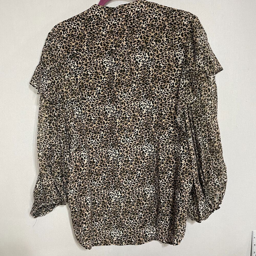 Saloni Button Down Top Women US 12 Brown Cheetah Flutter Silk Blouse Classic - Picture 2 of 9